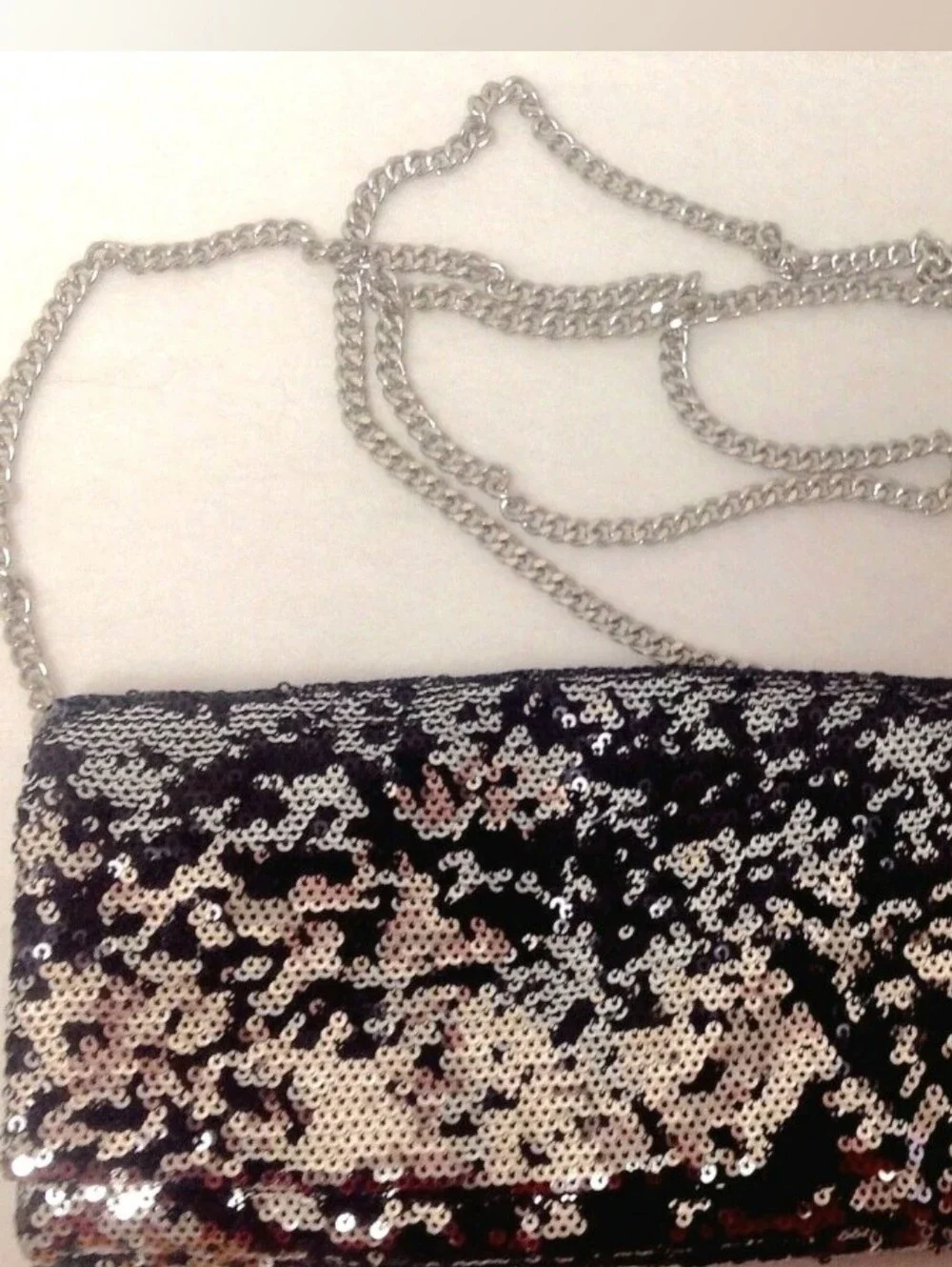 Two Way Sequin Crossbody/ Clutch With Magnetic Snap Closure & Removable Chain